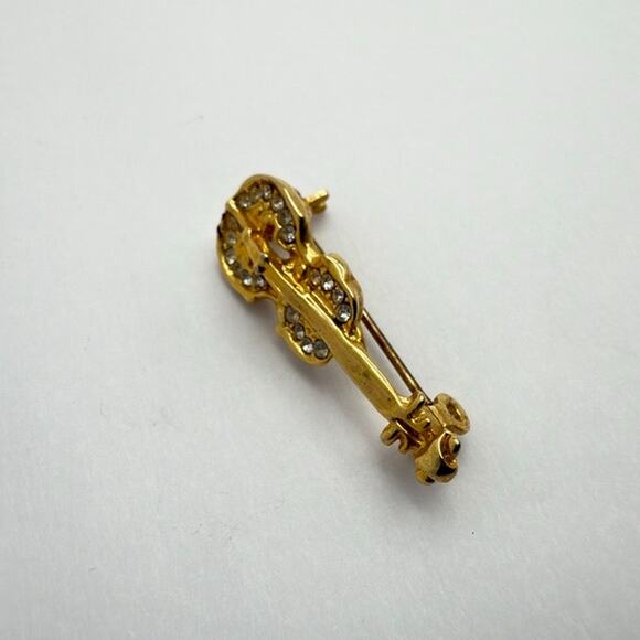 Vintage 80s Gold Tone Rhinestone Violin Cello Brooch Pin Musical Instrument - Picture 2 of 8